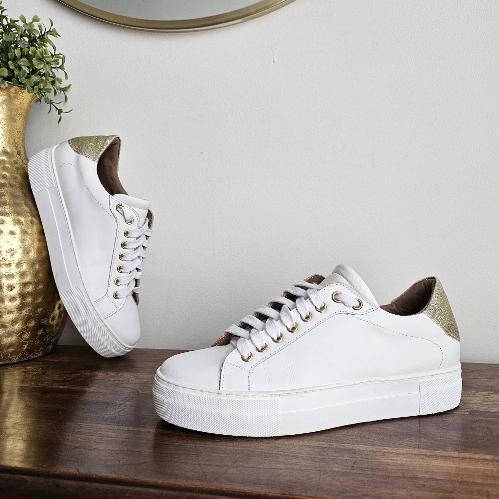 Michele Lopriore Milan White Leather Sneakers 39 Gold Glitter Heel Made in Italy